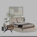 Modern Double Bed With Wooden Frame Linen Headboard Nightstand Accent Chair And Potted Plant
