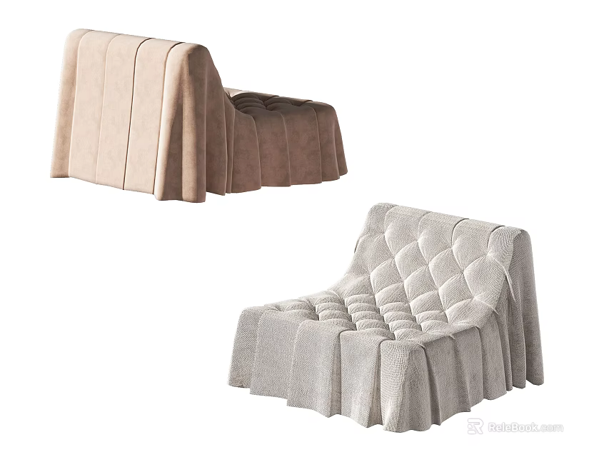 Soft Upholstered Armchairs Featuring Tufted Design and Skirted Bases in Neutral Tones 3d model 