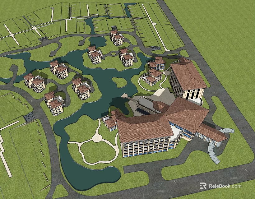 Serene Detached Villas with Water Features and Landscaped Green Areas in Master Plan 3d model 
