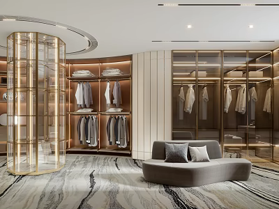 Elegant Modern Walk in Closet With Gold Framed Glass Wardrobe Hanging Clothes Sofa Marble Floor 3d model