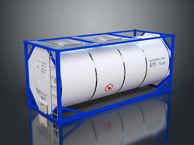 White Storage Tank In Blue Metal Frame With Dangerous Goods Label And Prohibition Sign 3d model