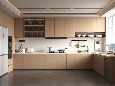 Modern Kitchen With Light Wood Cabinets White Countertops Stainless Steel Refrigerator And Built-in Appliances 3d model