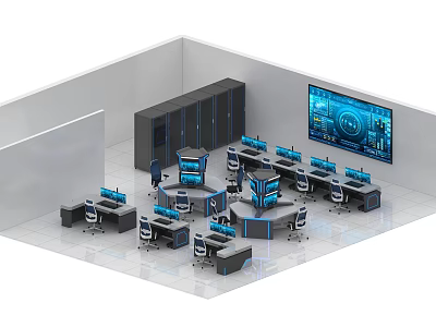 Modern Control Room With Large Monitor Screen Multiple Workstations And Ergonomic Chairs 3d model