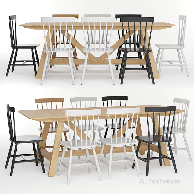 Modern Dining Table Set With Wooden Frame And Mixed Color Chairs 3d model
