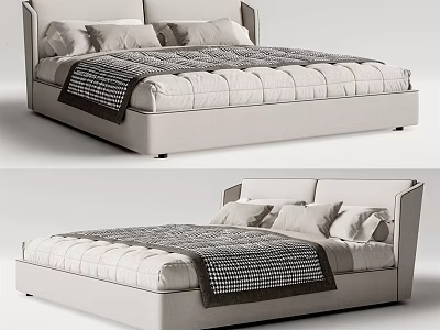 Modern Fabric Double Bed Design With Sleek Headboard Plaid Bedspread And Pillows 3d model