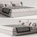 Modern Fabric Double Bed Design With Sleek Headboard Plaid Bedspread And Pillows