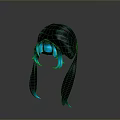 Game Movie Character Stylish Black Twin Tails with Blue Glowing Highlights