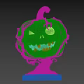 Pumpkin Landscape Sculpture With Carved Face Vines And Single Eye Design On Brown Base