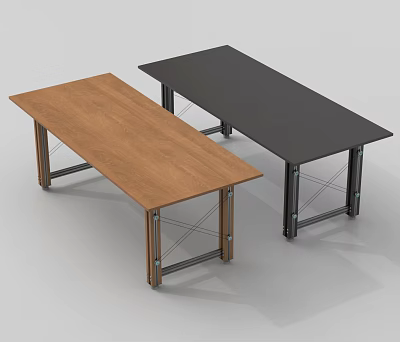 Two Office Desks Featuring Brown Wooden Top And Black Surface With Metal Legs Modern Design 3d model