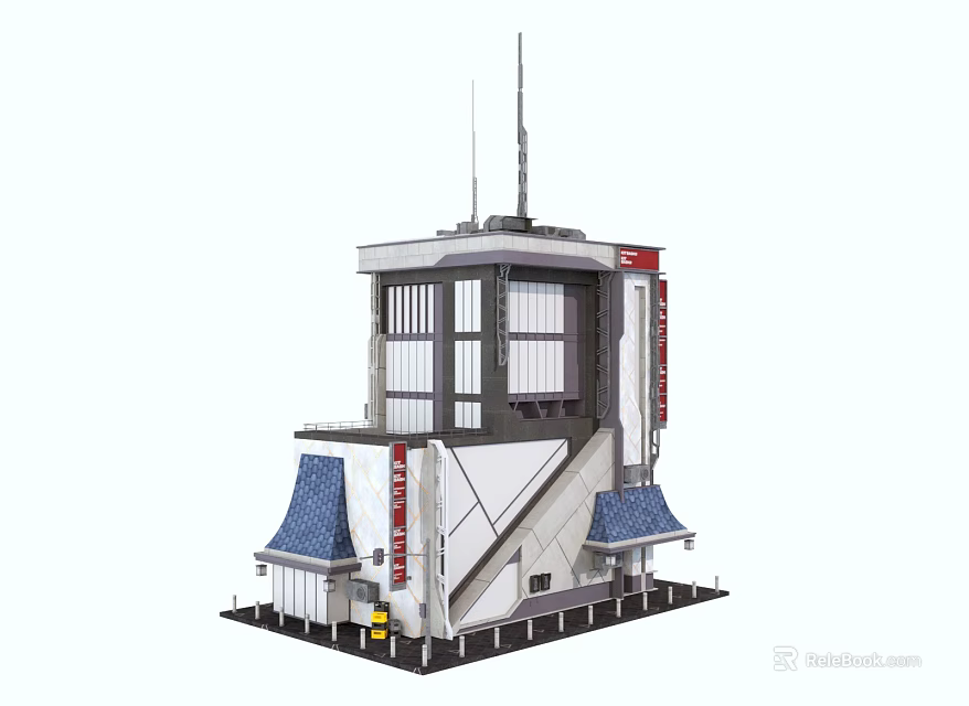 Cartoon Building Scene With Tower Blue Roof Red Sign And Structure 3d model 