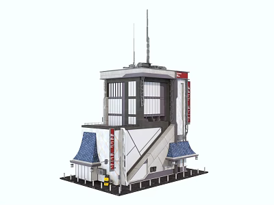Cartoon Building Scene With Tower Blue Roof Red Sign And Structure 3d model