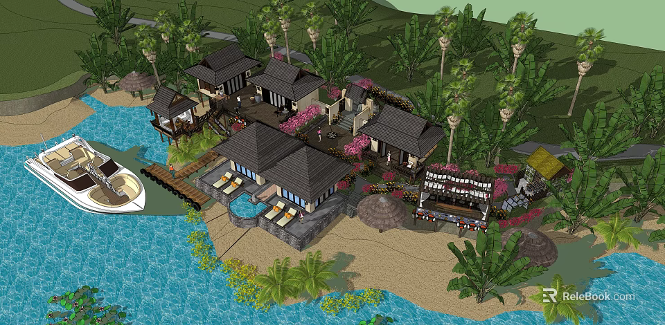 Boutique Beachfront Villa With Ocean View Palm Trees And Private Pool Terrace 3d model 