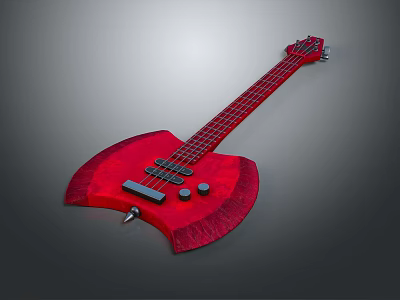 Red Electric Bass Guitar with Unique Curved Body Design Black Strings and Control Knobs 3d model