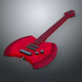 Red Electric Bass Guitar with Unique Curved Body Design Black Strings and Control Knobs