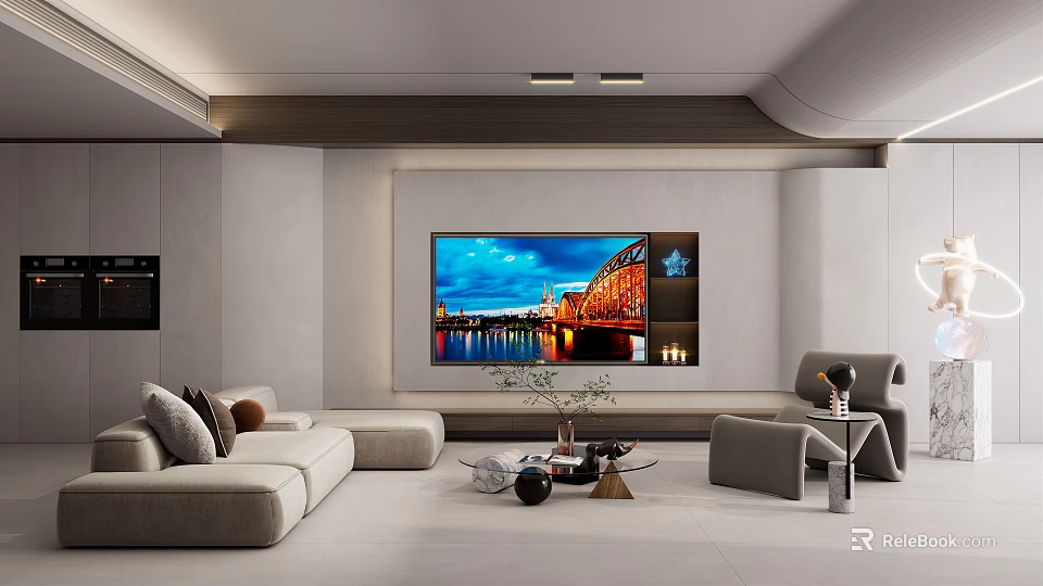 Modern Living Room Interior With Large Screen TV Light Colored Sofa And Decorative Items 3d model 