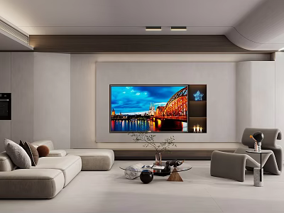 Modern Living Room Interior With Large Screen TV Light Colored Sofa And Decorative Items 3d model