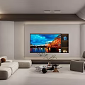 Modern Living Room Interior With Large Screen TV Light Colored Sofa And Decorative Items