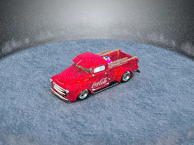 Red Vintage Coca-Cola Truck Model With Gifts In Bed On Snowy Surface With Snowflakes 3d model