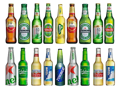 Various Beer Bottles And Glasses With Different Brands And Colorful Labels 3d model