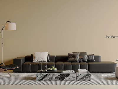 Stylish Leather Sofa And Marble Coffee Table Set With Pillows Floor Lamp Striped Rug 3d model