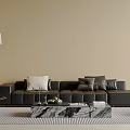 Stylish Leather Sofa And Marble Coffee Table Set With Pillows Floor Lamp Striped Rug