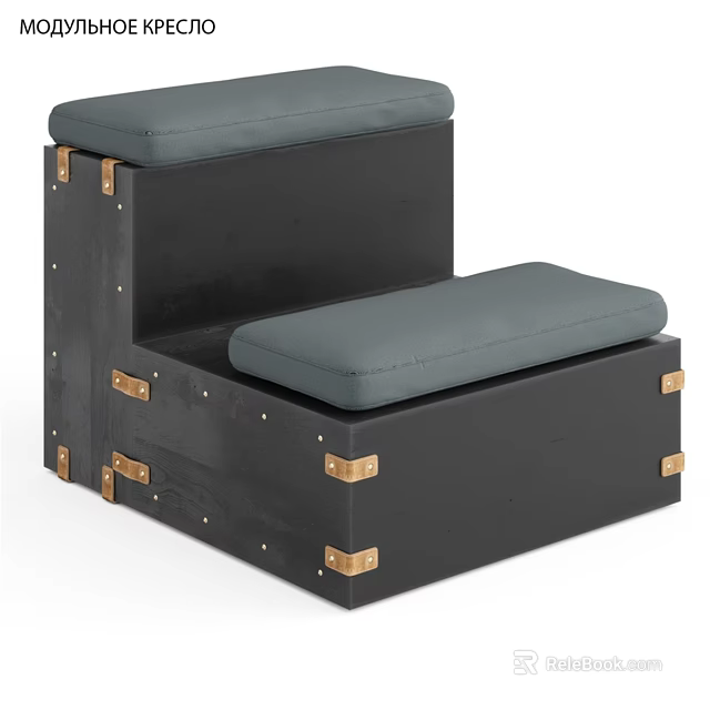 Black Wooden Box Structure Leisure Chair With Step Design Gray Cushions And Gold Metal Buckles 3d model 
