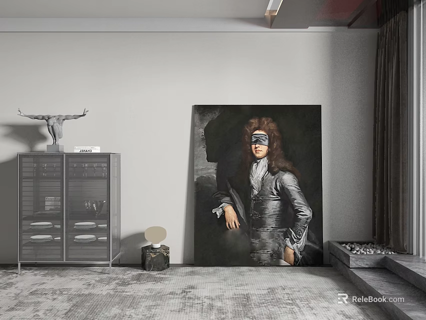 Masked Figure Vintage Portrait Painting in Dark Background Modern Interior Wall Art 3d model 