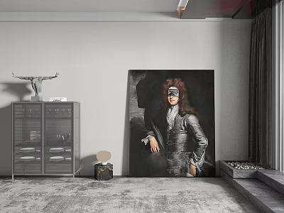 Masked Figure Vintage Portrait Painting in Dark Background Modern Interior Wall Art 3d model