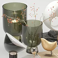 Decorative Ornament Set with Green Vase Gold Bird White Circular Decor Branch and Book