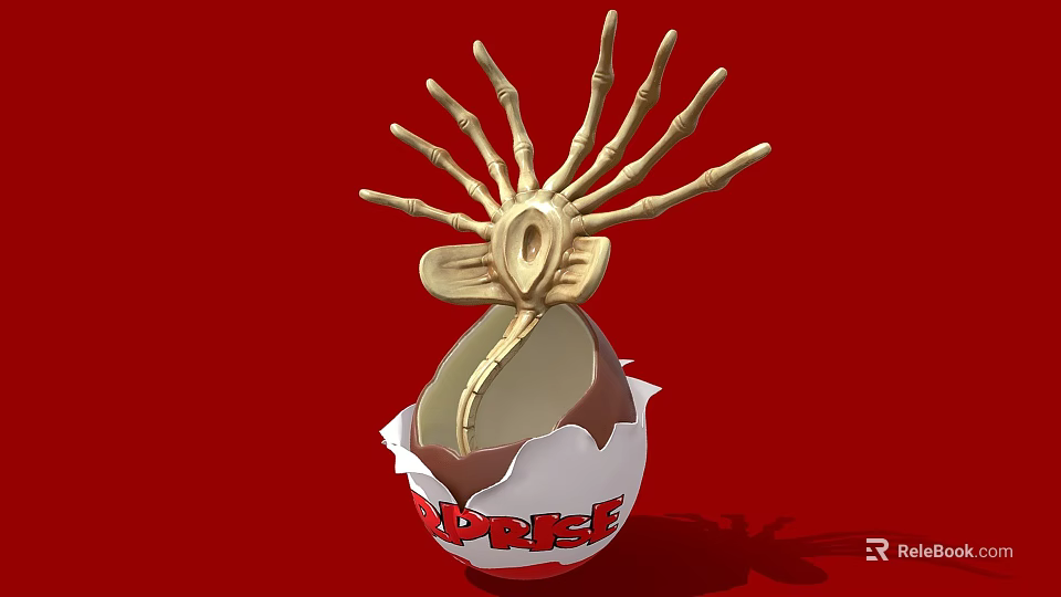 Ornament Decor Set With Cracked Egg Shell Golden Decor And Prize Lettering On Red Background 3d model 