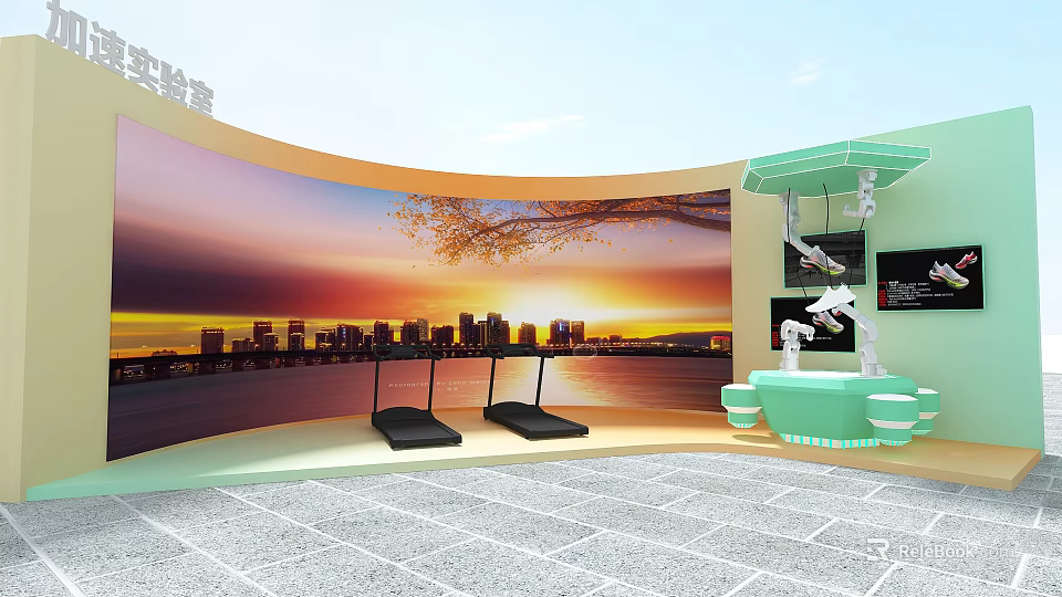 Laboratory Display Area Featuring Curved Screen City Sunset Light Green Booth And Mechanical Arm 3d model 