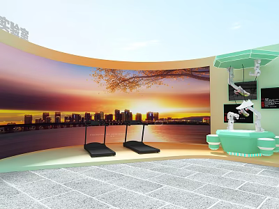 Laboratory Display Area Featuring Curved Screen City Sunset Light Green Booth And Mechanical Arm 3d model
