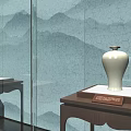 Cultural Art Exhibition Hall Featuring Octagonal Window Mountain Landscape And Porcelain Display Cases