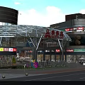Modern Commercial Street with Glass Dome Modern Buildings Stores Outdoor Seating and Blue Sky View