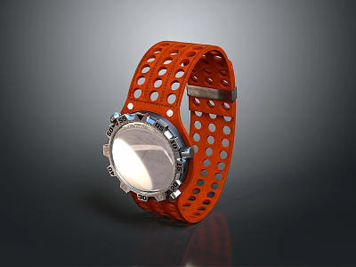 Stylish Orange Watch With Perforated Silicone Strap And Metallic Case Design 3d model