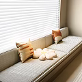 Modern Bay Window Cabinet with Cushioned Seat Decorative Pillows and White Blinds