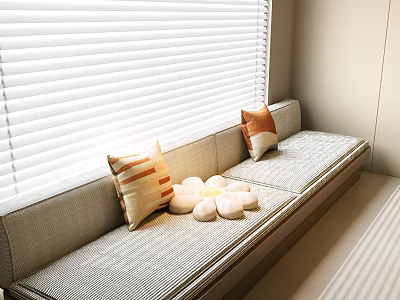 Modern Bay Window Cabinet with Cushioned Seat Decorative Pillows and White Blinds 3d model