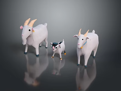 Cartoon Three Goats Figurines With White Bodies Small Black White Kid Horns On Reflective Background 3d model