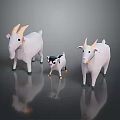 Cartoon Three Goats Figurines With White Bodies Small Black White Kid Horns On Reflective Background