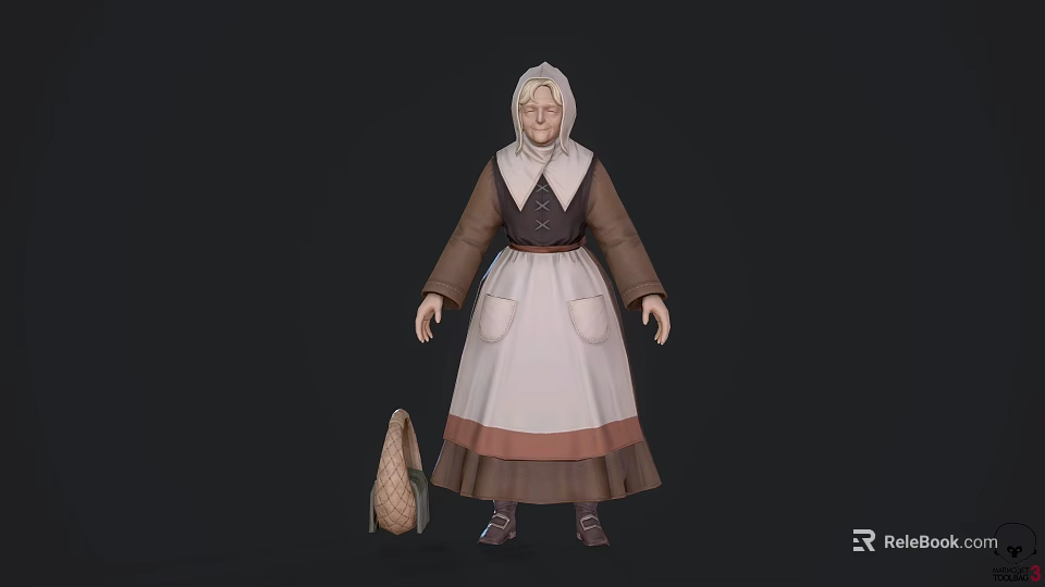 Elderly Woman with Headscarf Brown Top and White Apron Standing Next to Woven Bag 3d model 