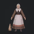Elderly Woman with Headscarf Brown Top and White Apron Standing Next to Woven Bag