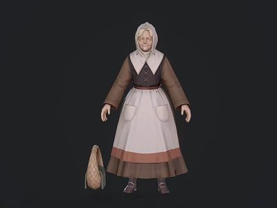 Elderly Woman with Headscarf Brown Top and White Apron Standing Next to Woven Bag 3d model