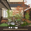Traditional Japanese Courtyard Garden With Red Maple Tree Stone Lantern And Water Feature