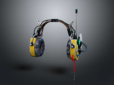 Yellow and Black Electronic Headphones With Wires And Probe Like Device 3d model