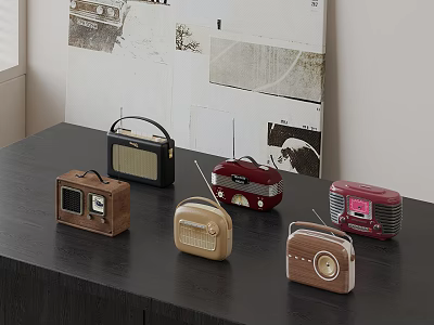 Vintage Style Radios On Black Table With Various Colors And Wall Decorations 3d model