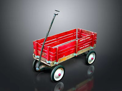 Red Metal Toy Wagon With Black Handle And White Rimmed Wheels 3d model