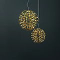 Golden Spherical Chandelier With Intricate Wire Frame And LED Lights On Dark Background