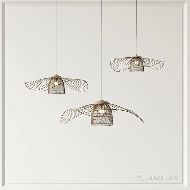 Modern Wing Shaped Metallic Pendant Lights Hanging Against White Background With Unique Design 3d model