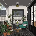 Cozy Villa Balcony With Green Armchair Potted Plants Hanging Lamps And Patterned Tiles