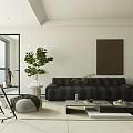 Modern Living Room Interior With Black Sofa White Armchair Green Plant Coffee Table